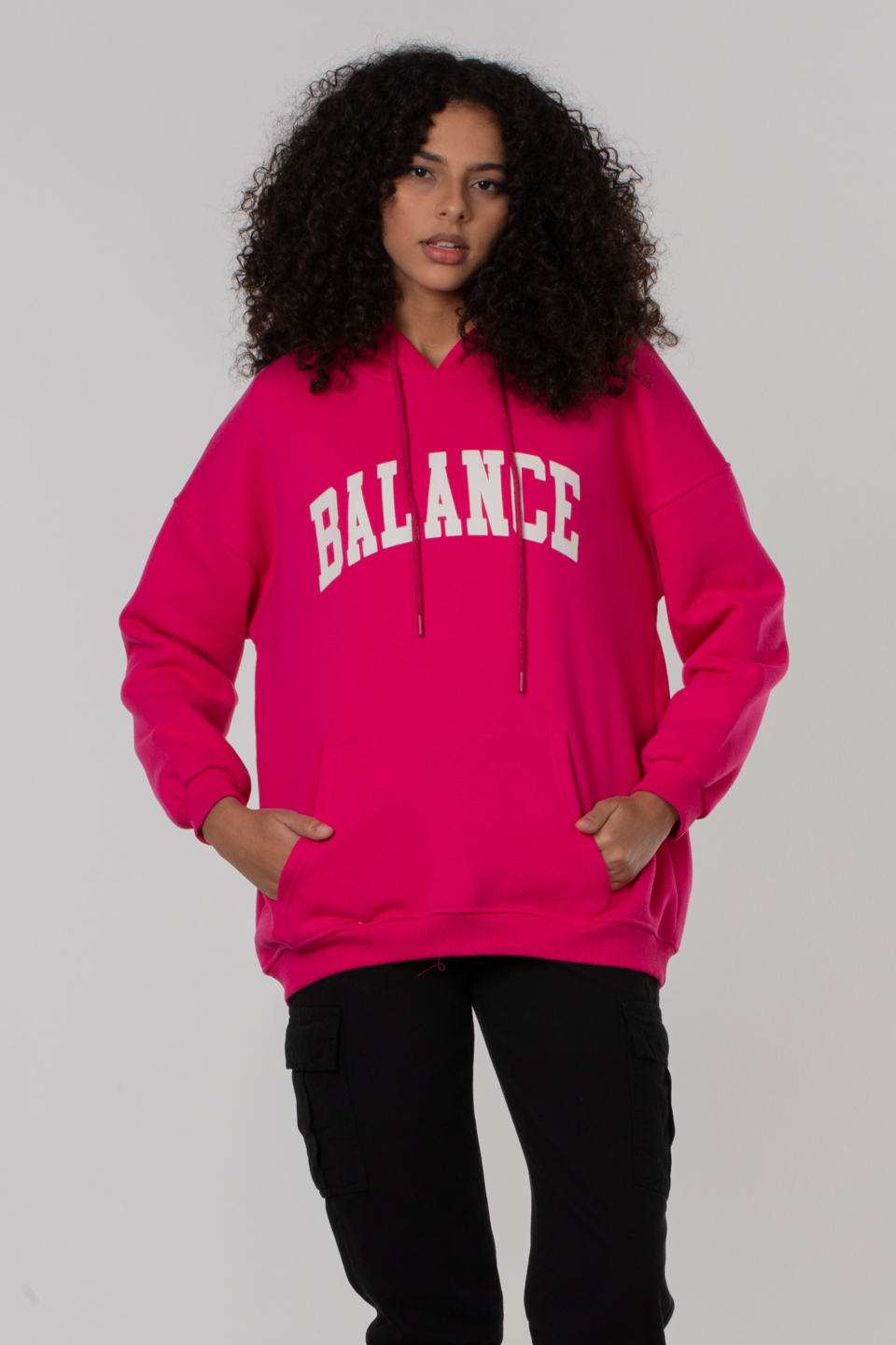 Balance baskılı kapüşonlu sweatshirt-1360 Fuşya