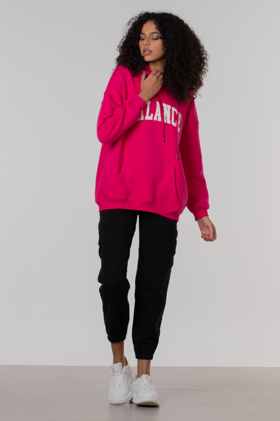 Balance baskılı kapüşonlu sweatshirt-1360 Fuşya