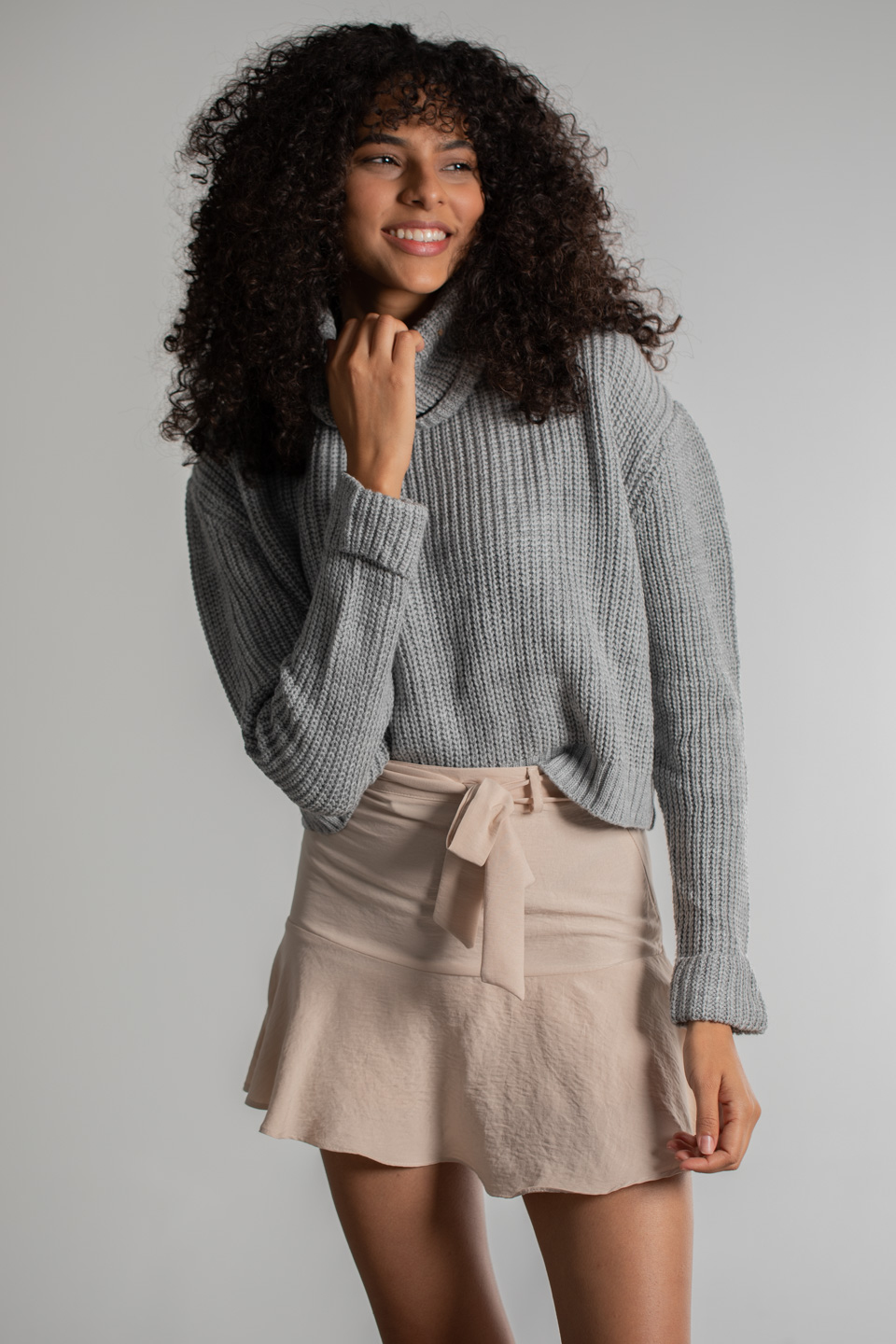 Balıkçı Yaka Kısa Triko Kazak - Gri