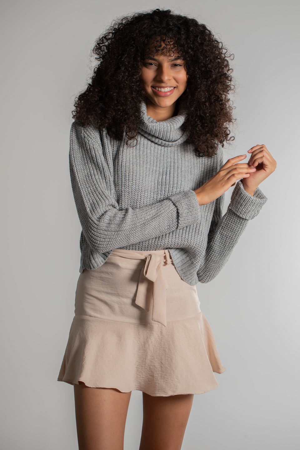 Balıkçı Yaka Kısa Triko Kazak - Gri