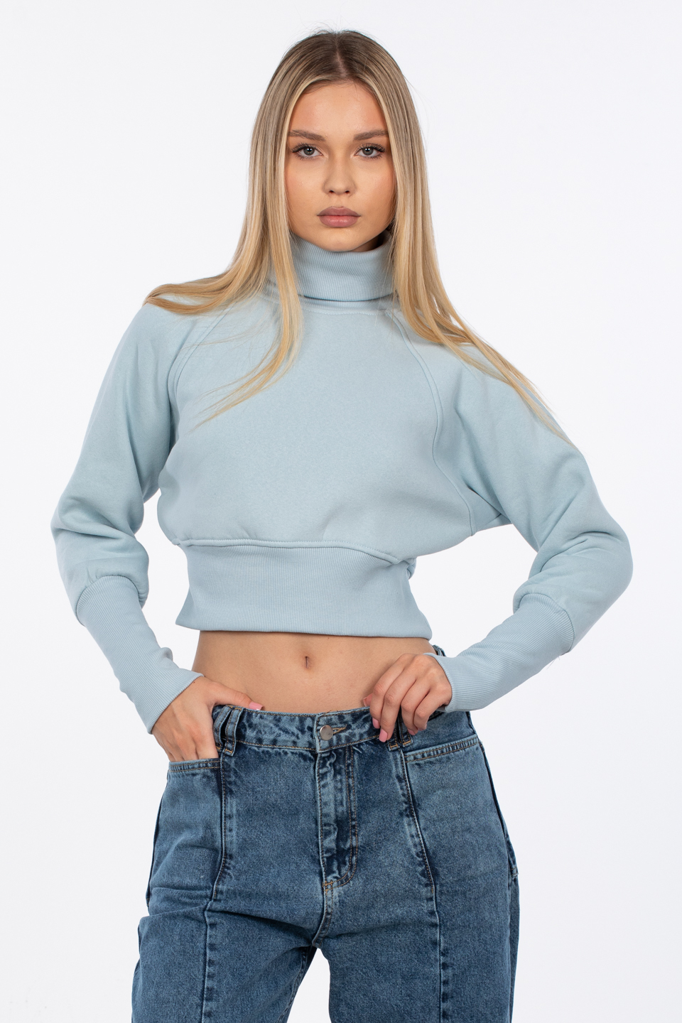 Balıkçı yaka sweatshirt-83-608 Açık Mavi
