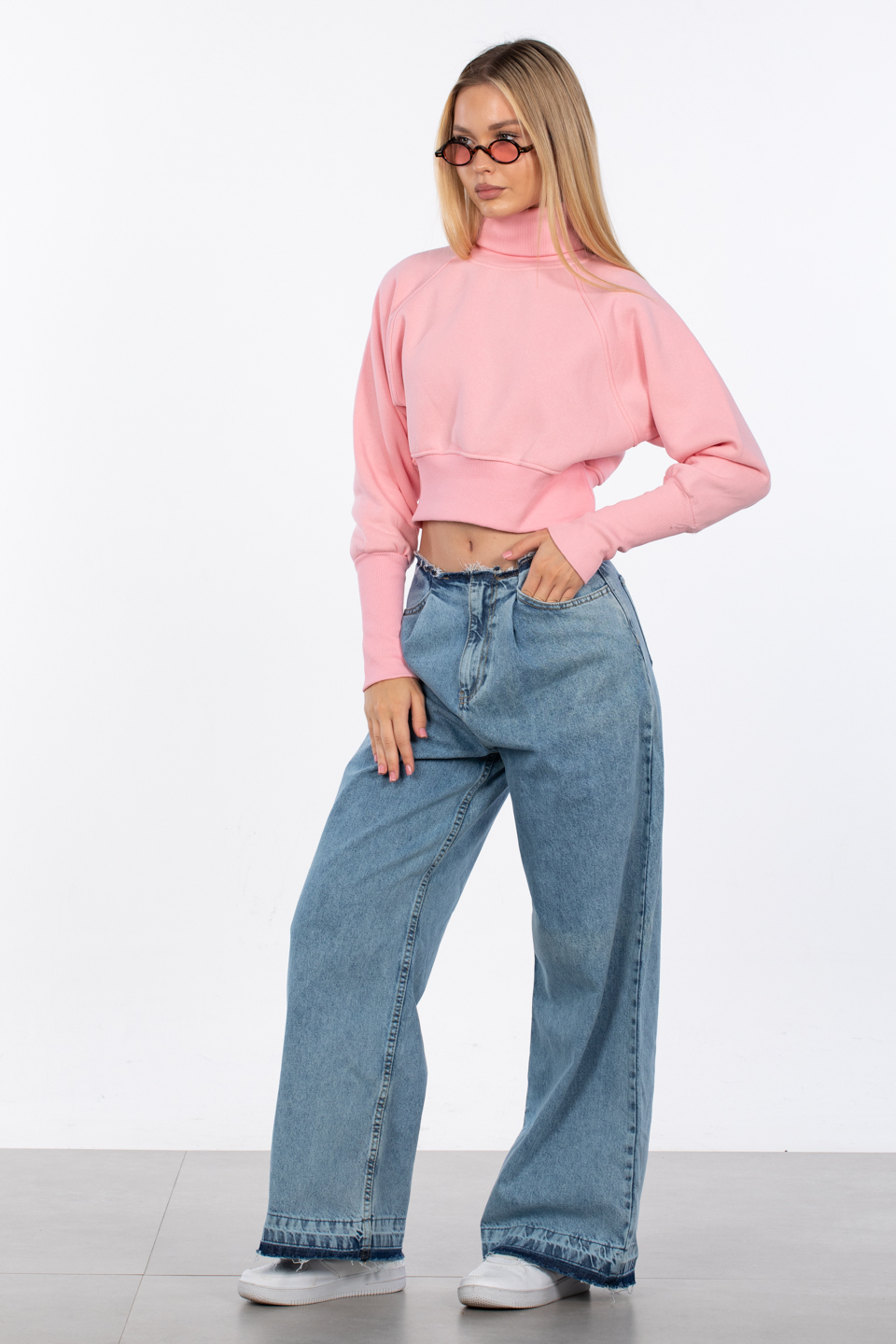 Balıkçı yaka sweatshirt-83-608 Açık Pembe