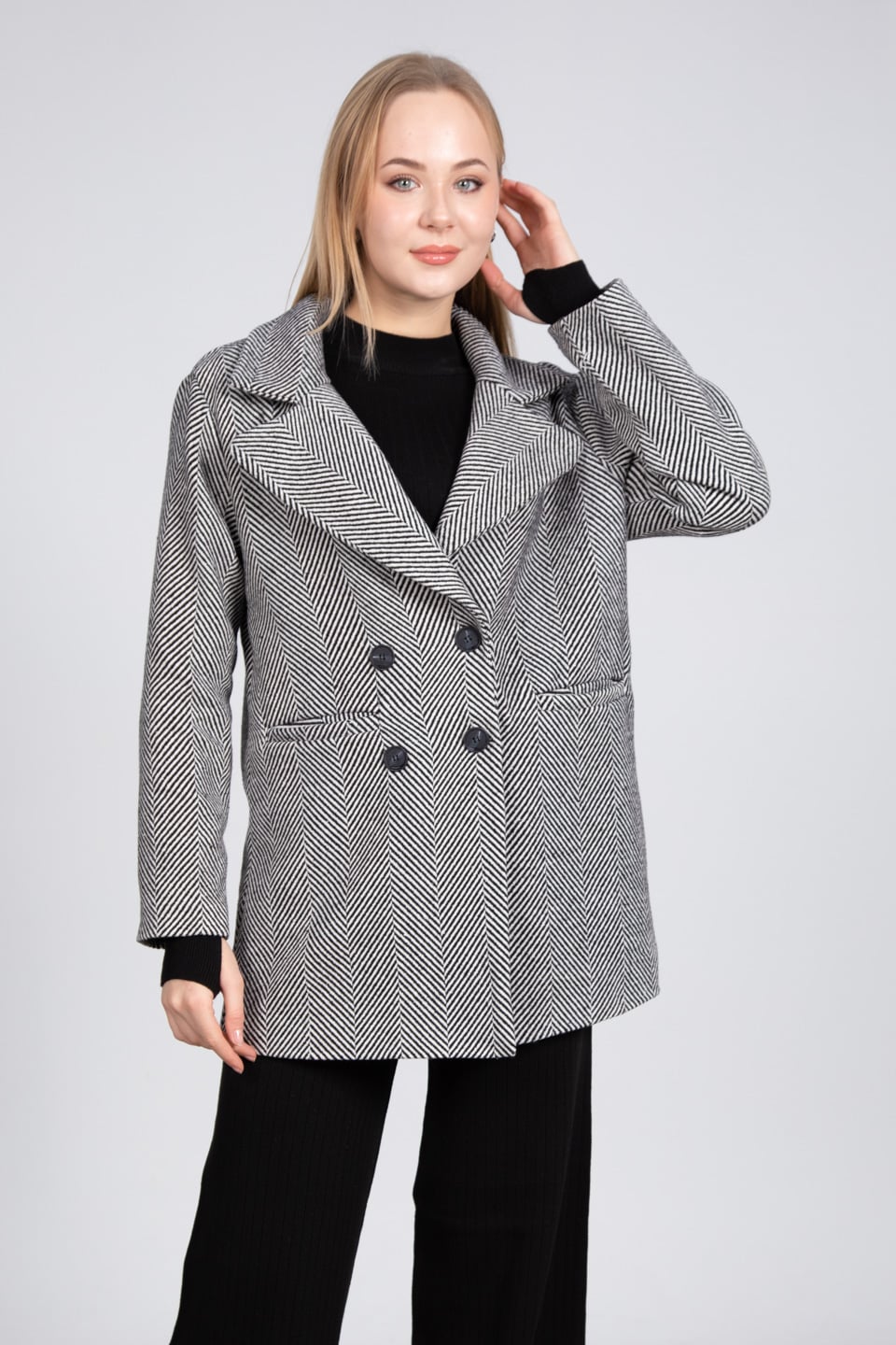 Balıksırtı oversize kaban-23197 Gri