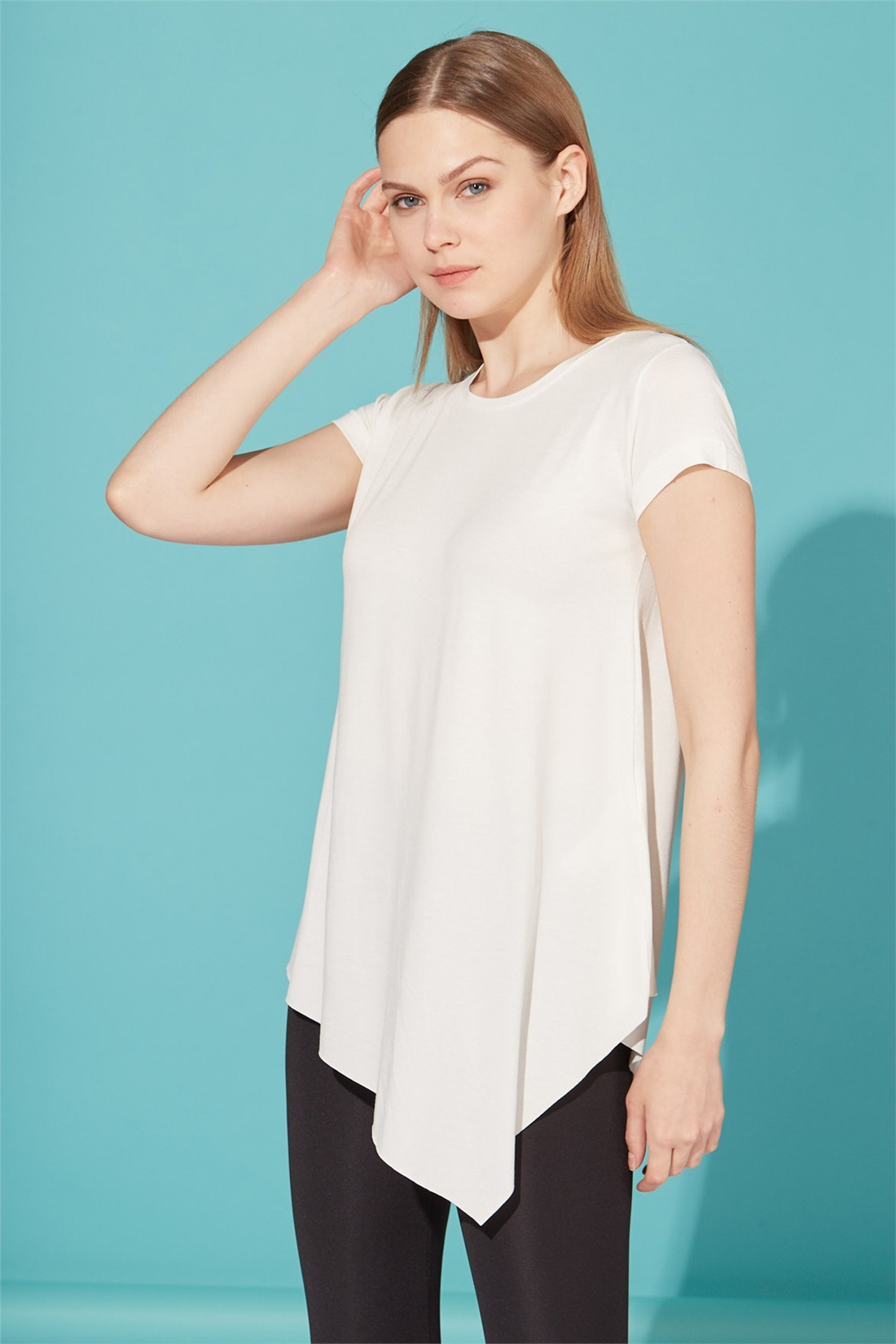 Basic Bisiklet Yaka Geometrik T-Shirt-Ekru