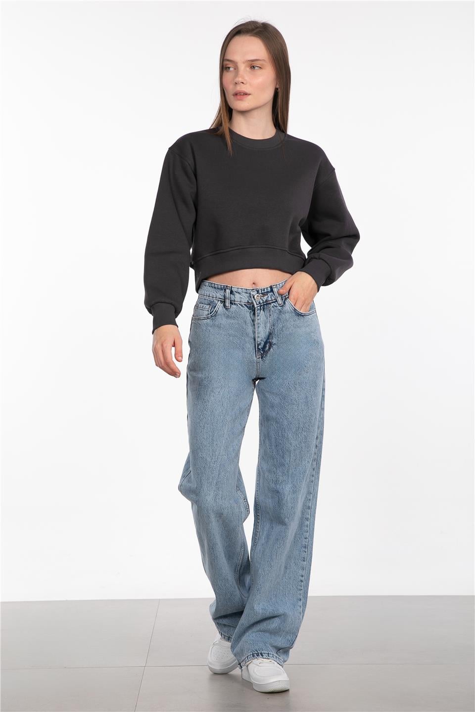Basıc bisiklet yaka sweatshirt-81194 Antrasit