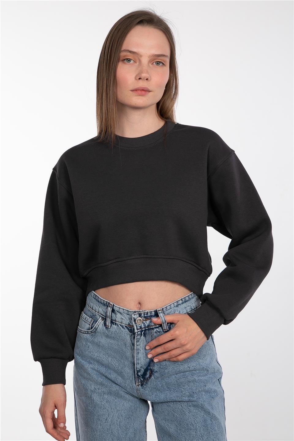 Basıc bisiklet yaka sweatshirt-81194 Antrasit