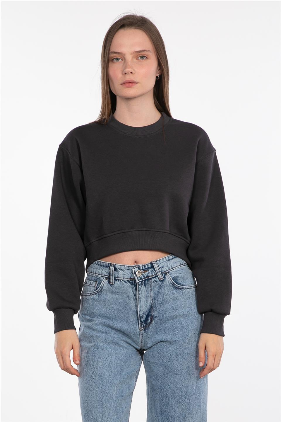 Basıc bisiklet yaka sweatshirt-81194 Antrasit