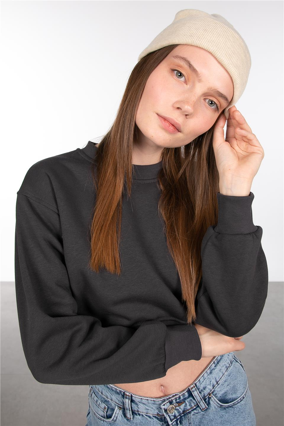 Basıc bisiklet yaka sweatshirt-81194 Antrasit
