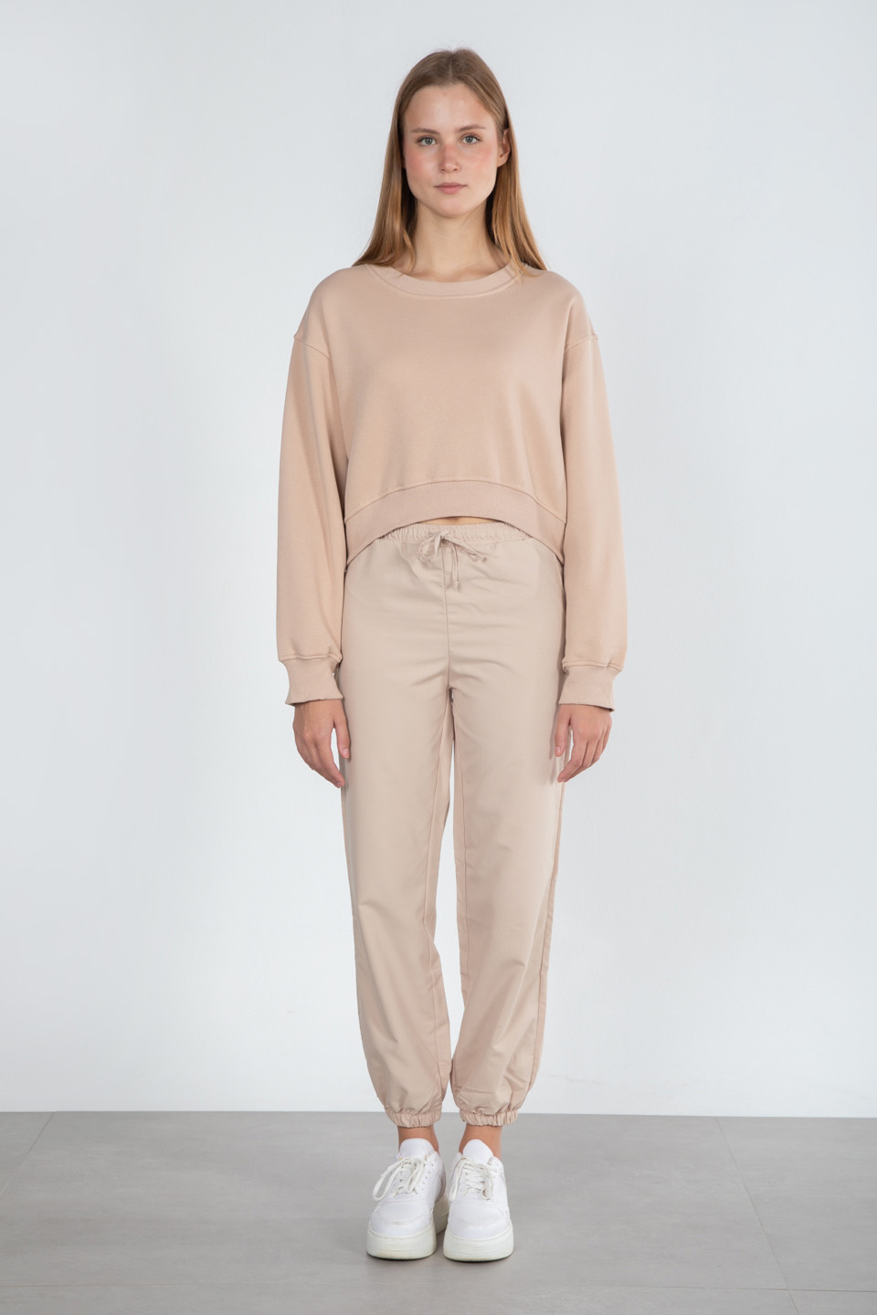 Basıc bisiklet yaka sweatshirt-81194 Bej