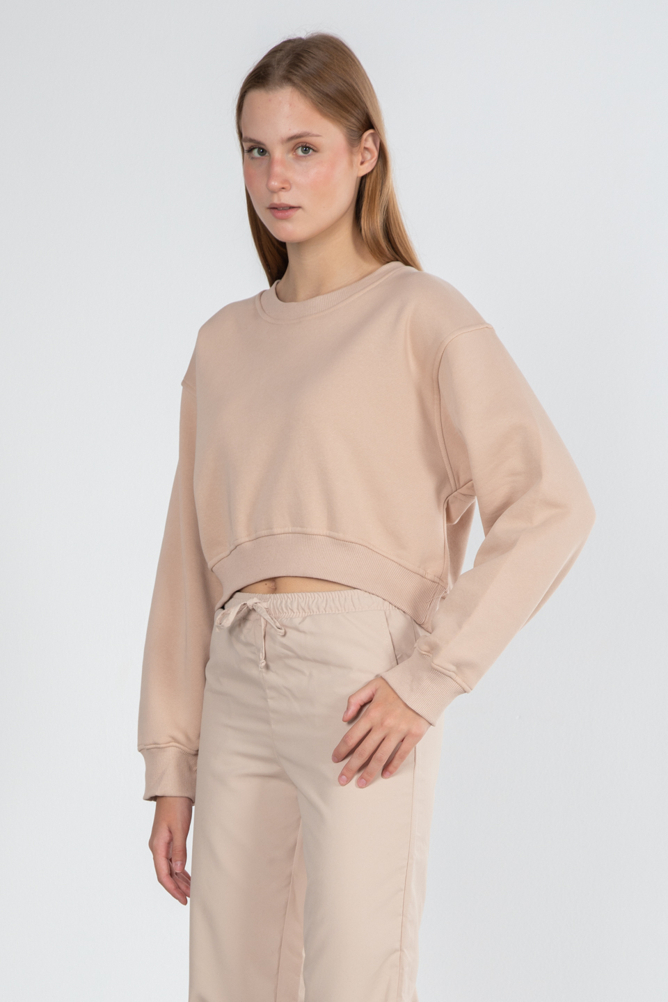 Basıc bisiklet yaka sweatshirt-81194 Bej