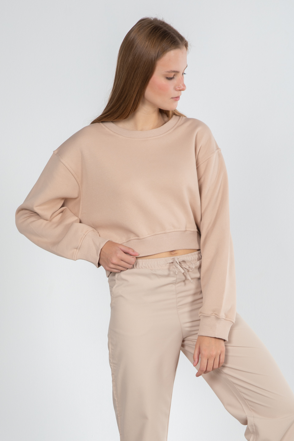 Basıc bisiklet yaka sweatshirt-81194 Bej