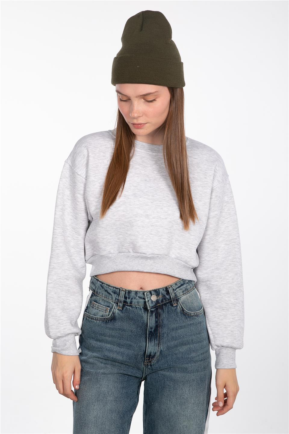 Basıc bisiklet yaka sweatshirt-81194 Kar Melanj