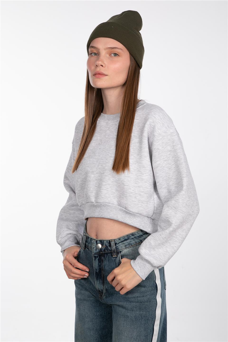 Basıc bisiklet yaka sweatshirt-81194 Kar Melanj
