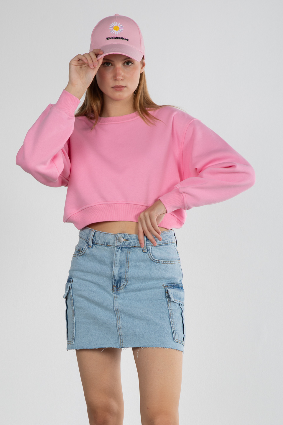 Basıc bisiklet yaka sweatshirt-81194 Pembe