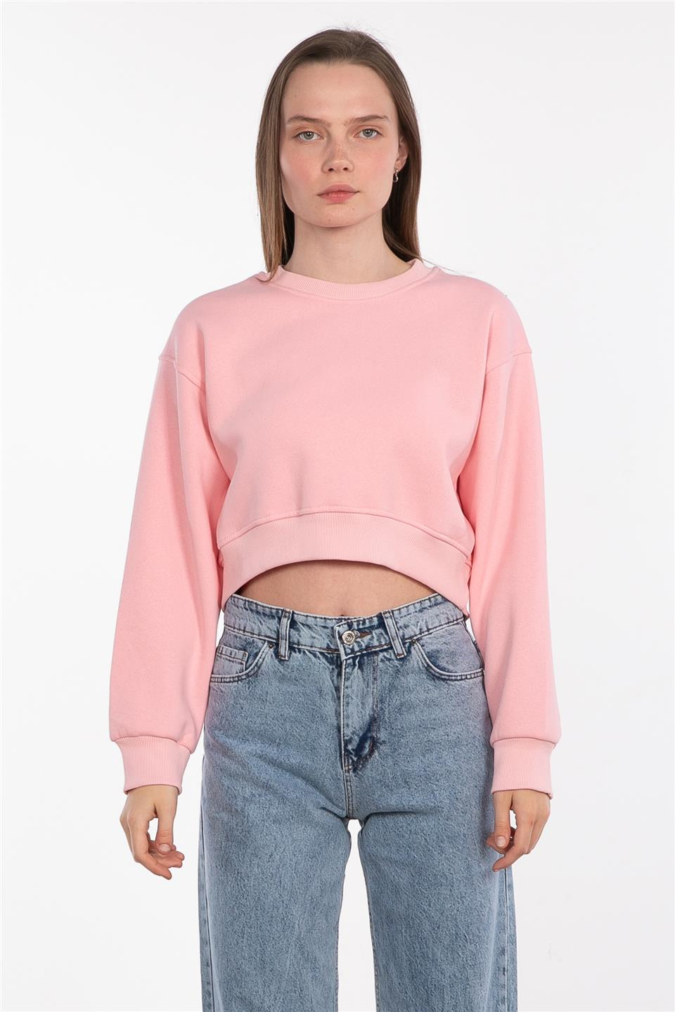Basıc bisiklet yaka sweatshirt-81194 Pembe