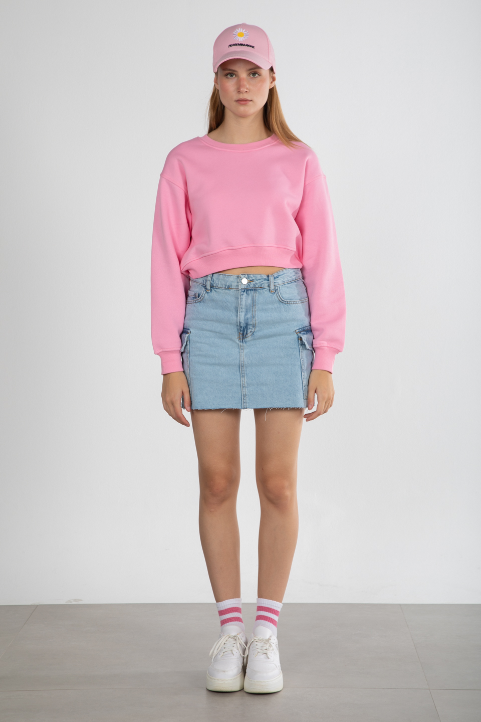 Basıc bisiklet yaka sweatshirt-81194 Pembe