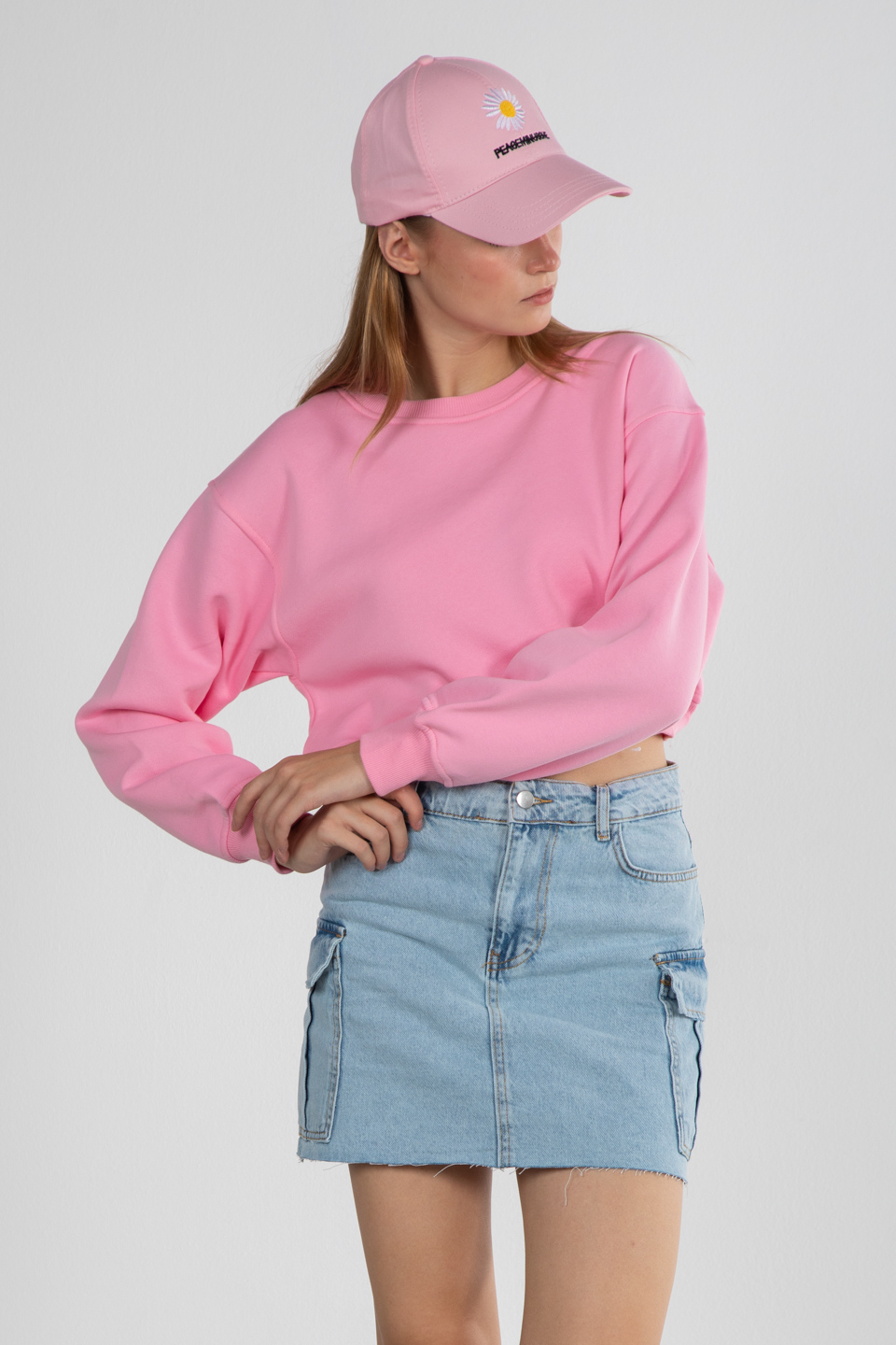 Basıc bisiklet yaka sweatshirt-81194 Pembe