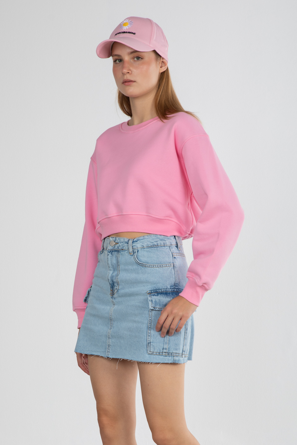 Basıc bisiklet yaka sweatshirt-81194 Pembe