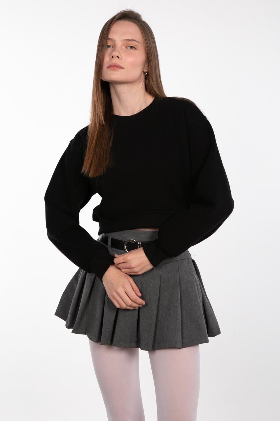 Basıc bisiklet yaka sweatshirt-81194 Siyah