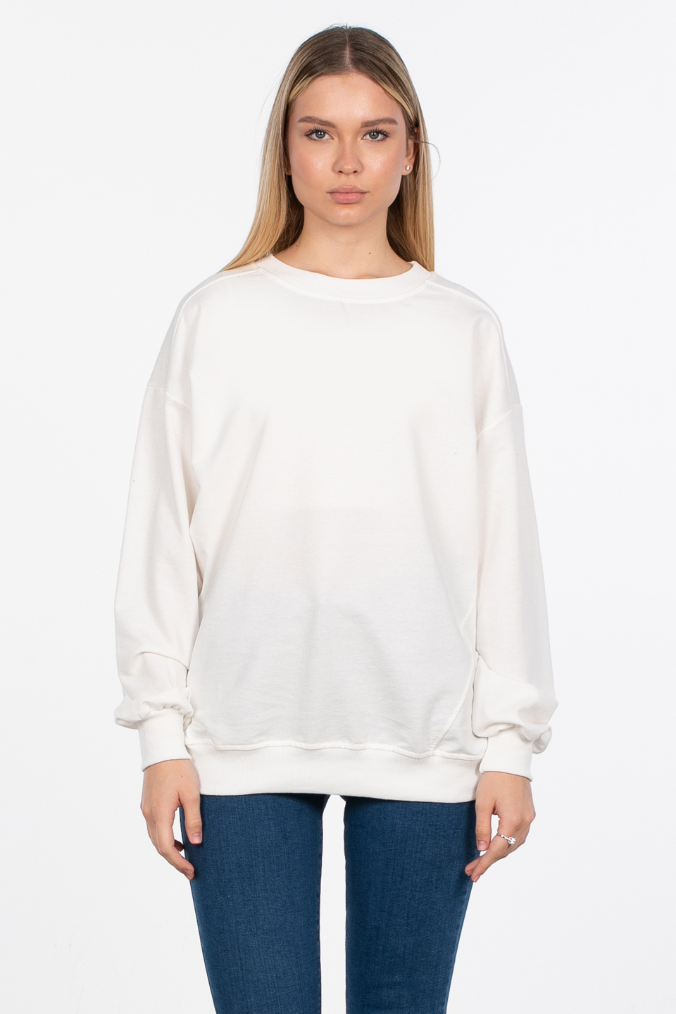 Basıc bisiklet yaka sweatshirt-DVN0827 Ekru