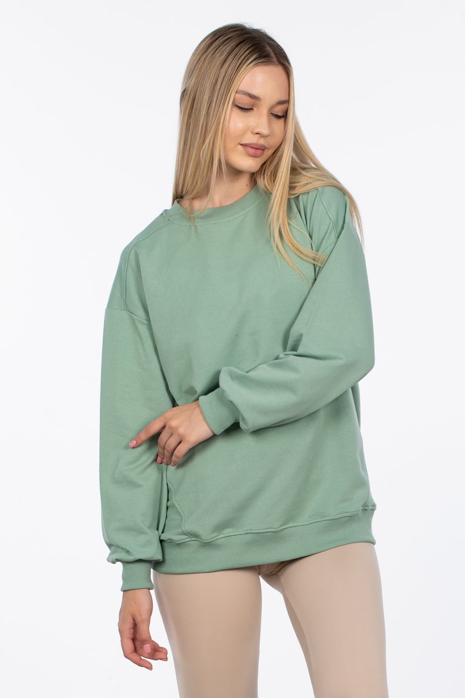 Basıc bisiklet yaka sweatshirt-DVN0827 Mint