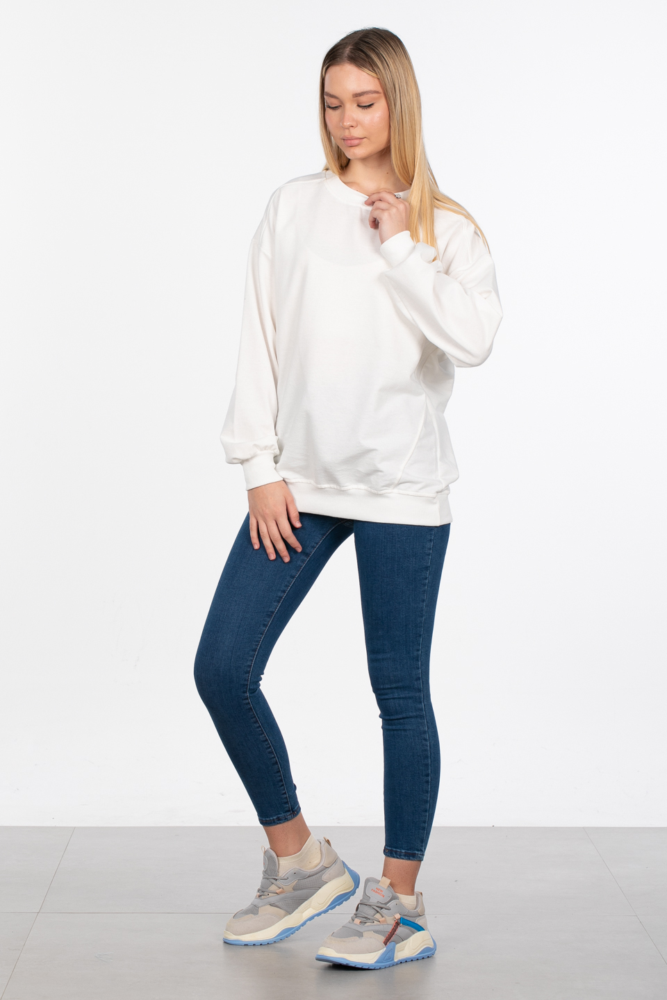 Basıc bisiklet yaka sweatshirt-DVN0827 Ekru