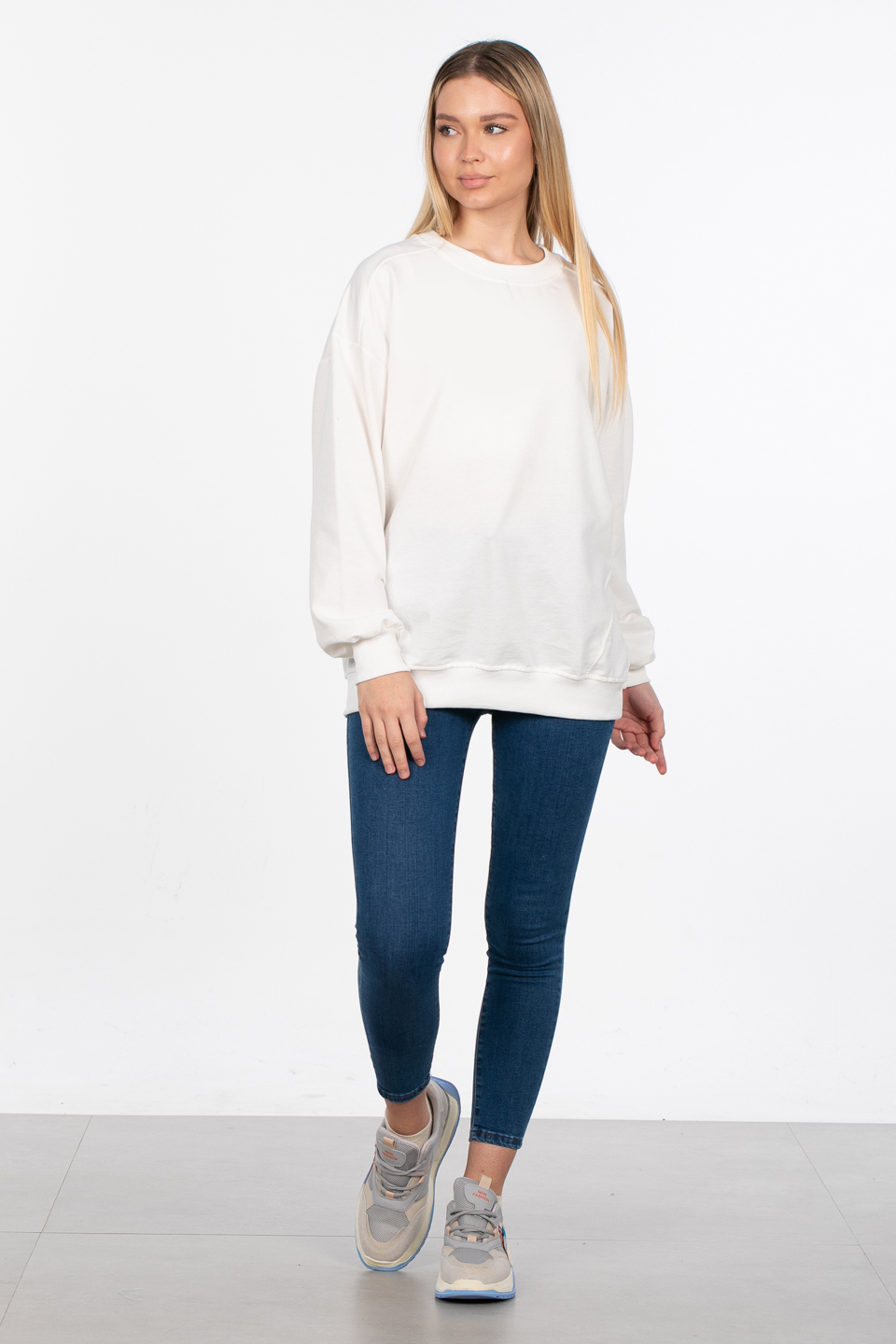 Basıc bisiklet yaka sweatshirt-DVN0827 Ekru