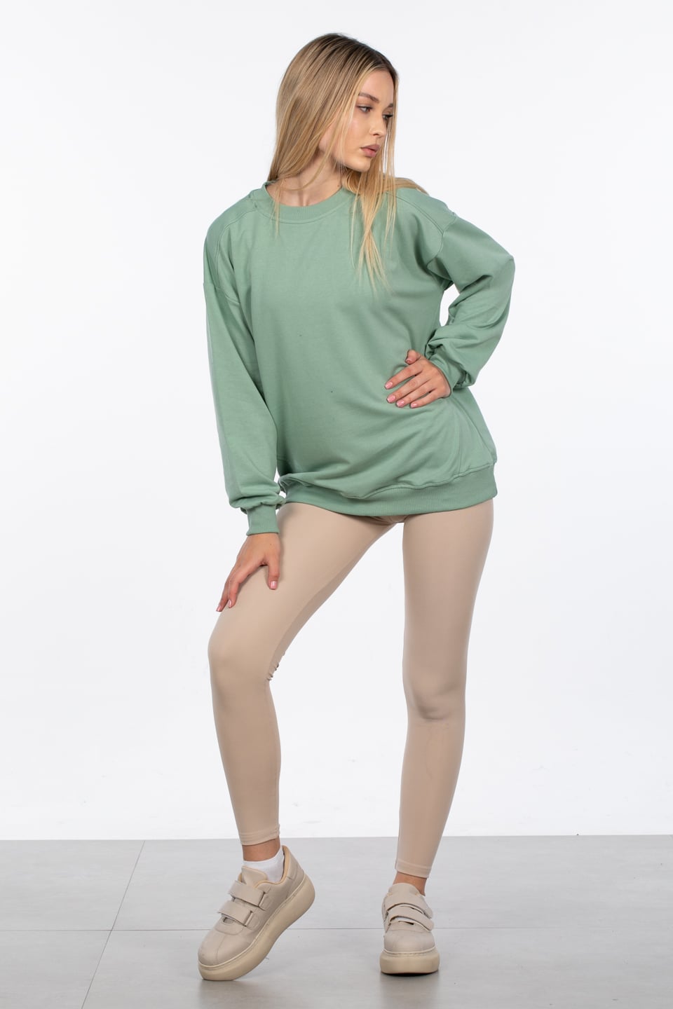 Basıc bisiklet yaka sweatshirt-DVN0827 Mint