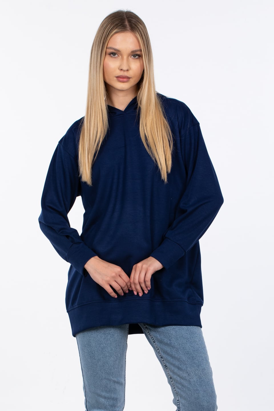 Basıc kapüşonlu sweatshirt-DVN0828 Lacivert