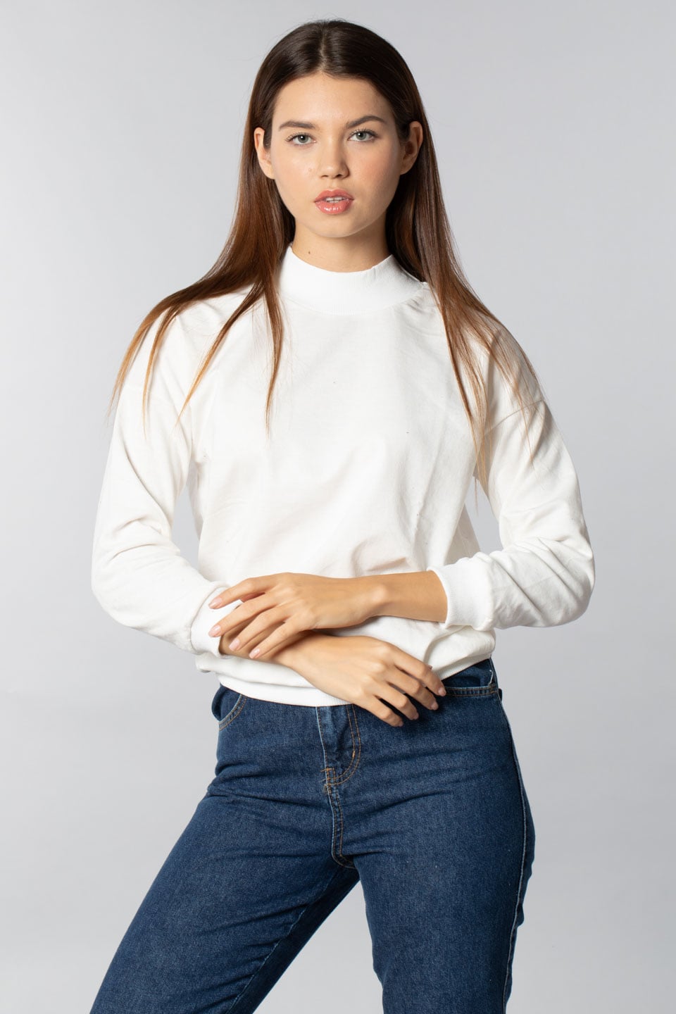 Basıc ribanalı sweatshirt-3323 Beyaz
