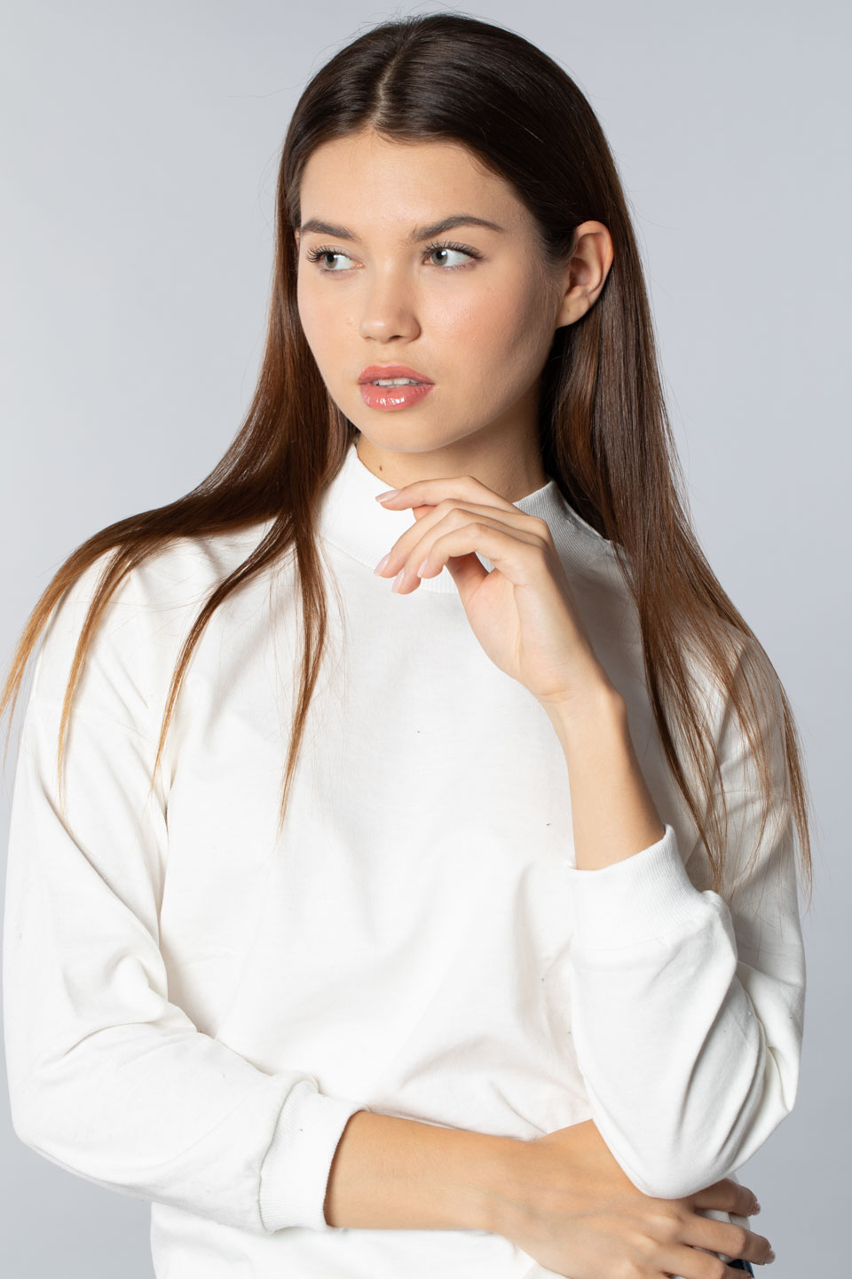 Basıc ribanalı sweatshirt-3323 Beyaz