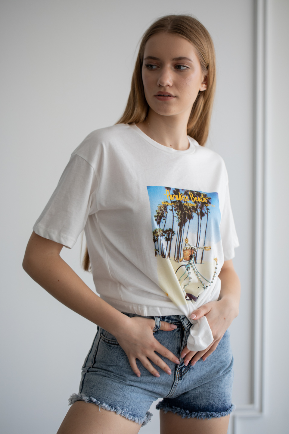 Baskılı Taş Detaylı T-Shirt - Ekru
