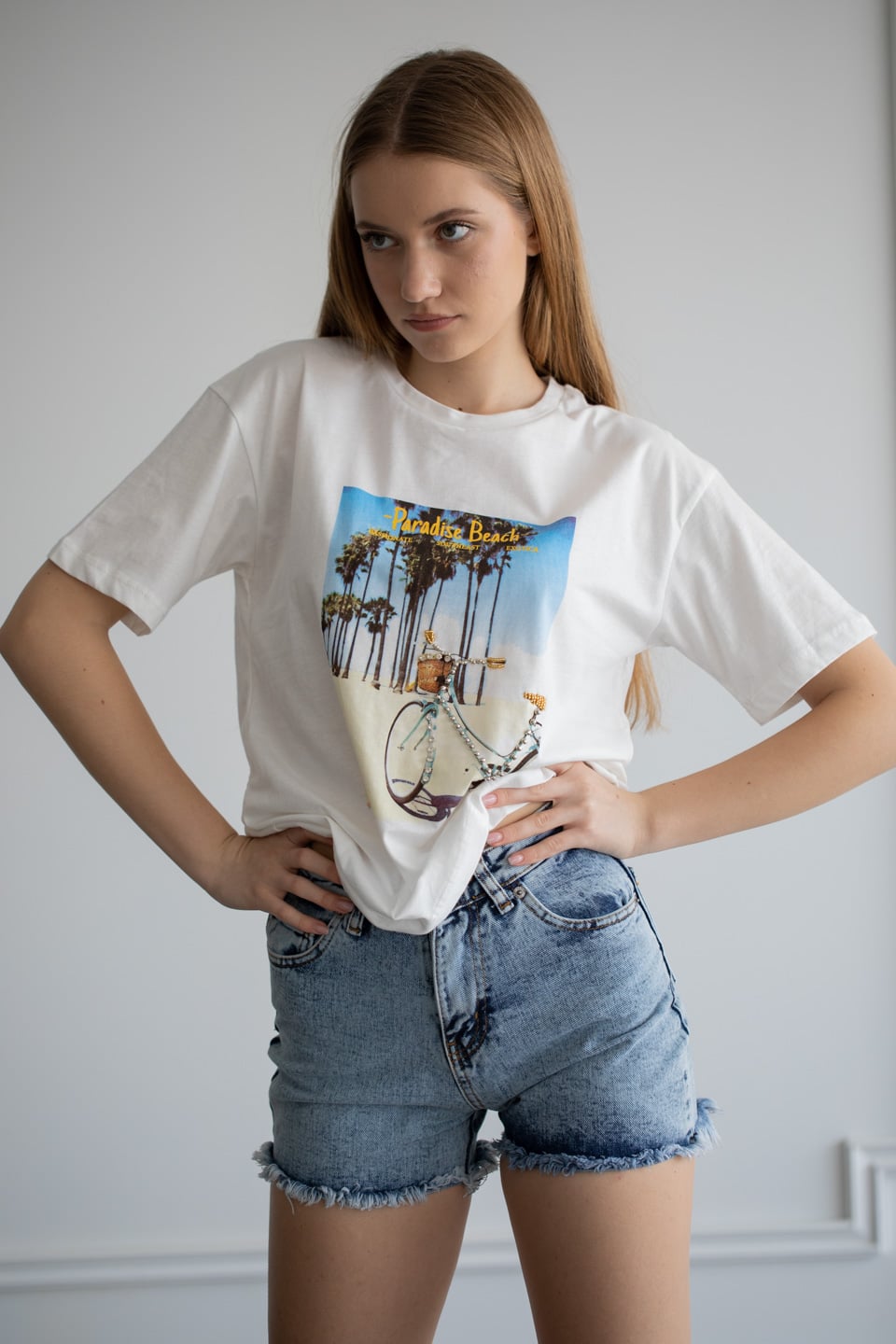 Baskılı Taş Detaylı T-Shirt - Ekru