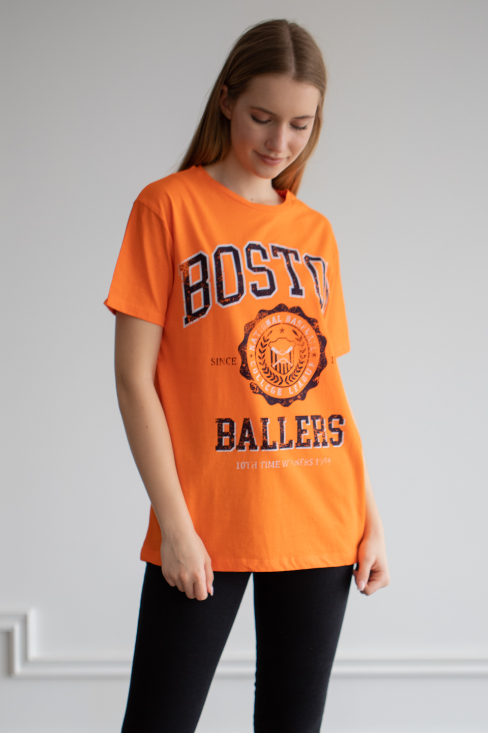 Baston baskılı oversize t-shirt-1001-1 Oranj