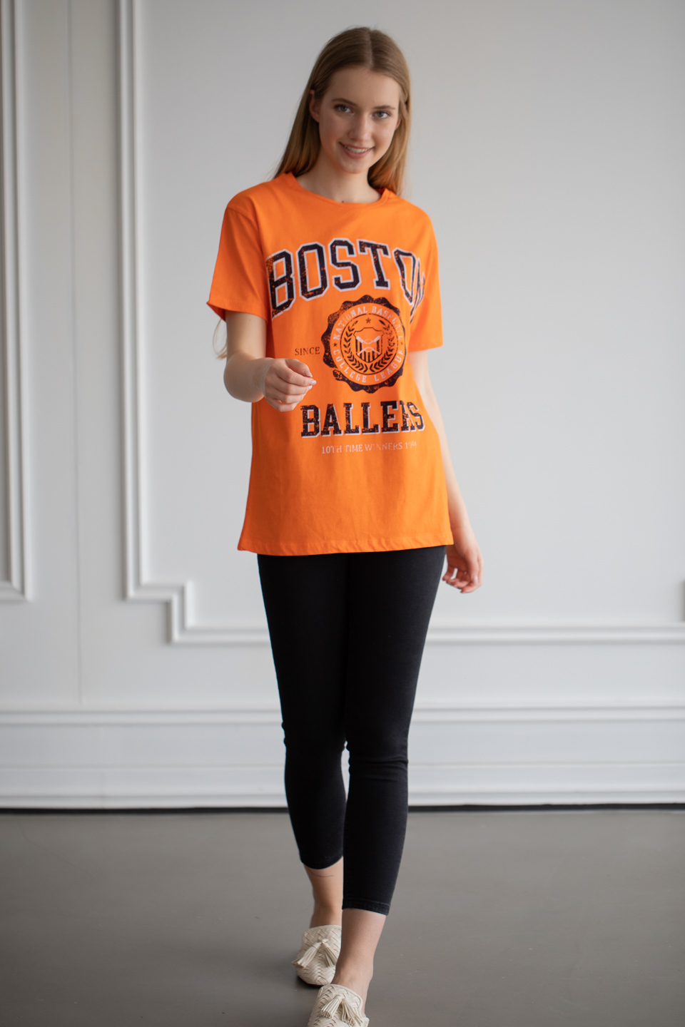 Baston baskılı oversize t-shirt-1001-1 Oranj