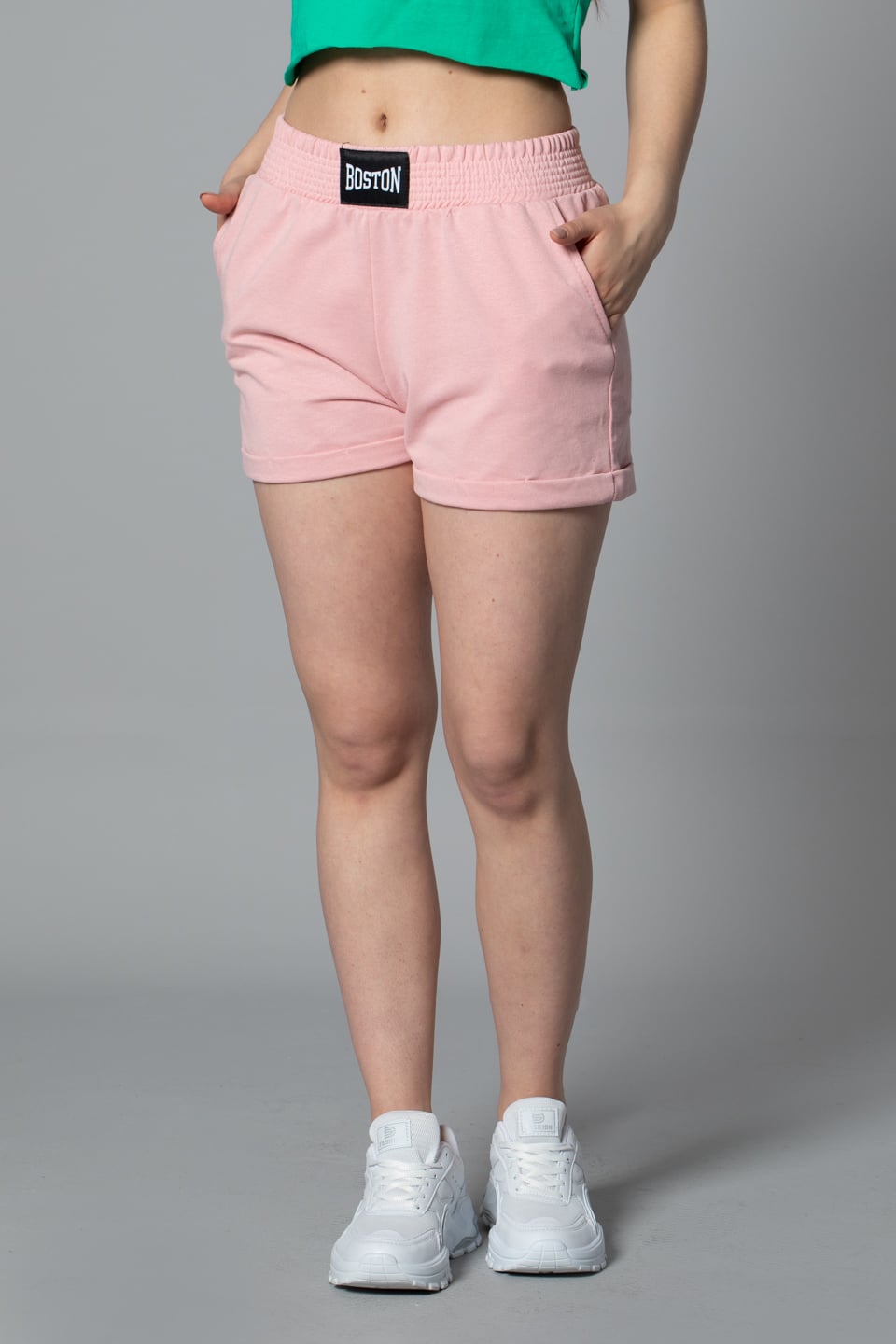 Baston nakışlı double paça şort-6301 Ş.Pembe