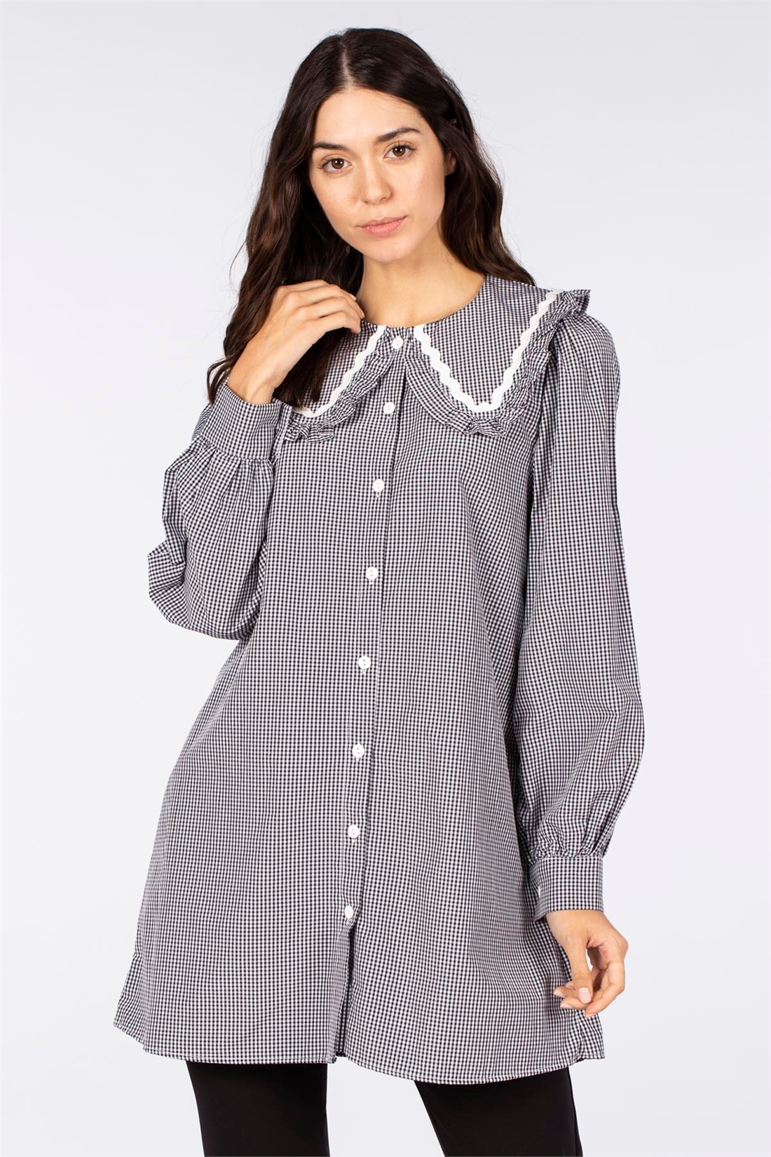 Bebe yaka ekose tunik-0996 Siyah