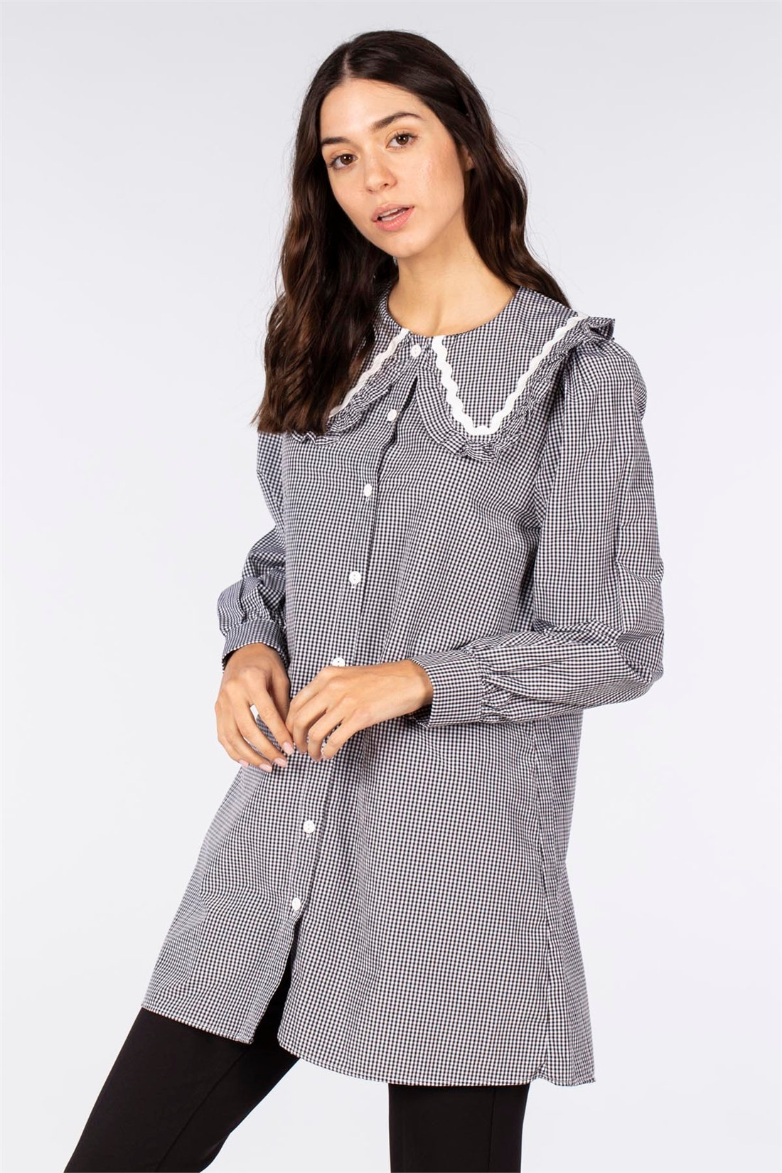Bebe yaka ekose tunik-0996 Siyah