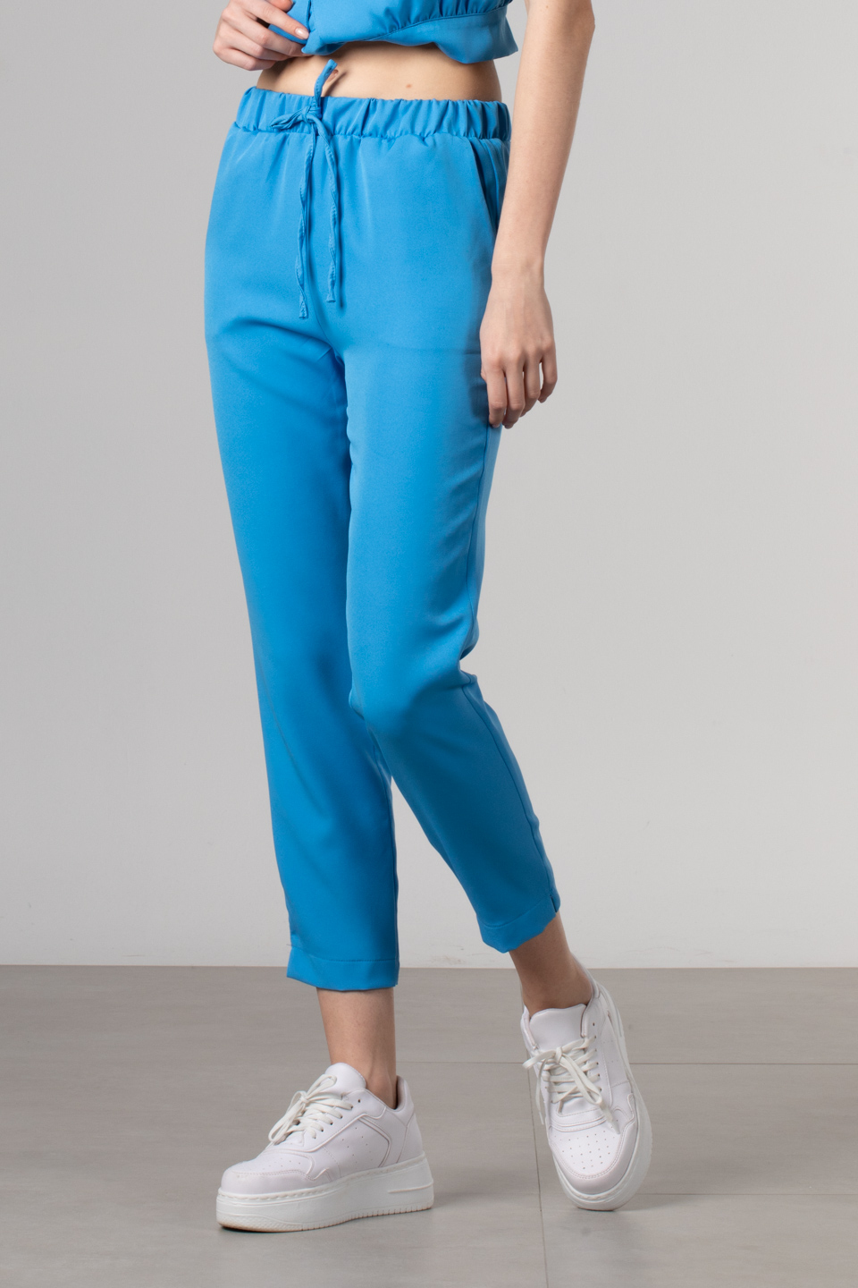Bel lastikli bağcık detaylı pantolon-2299 Mavi