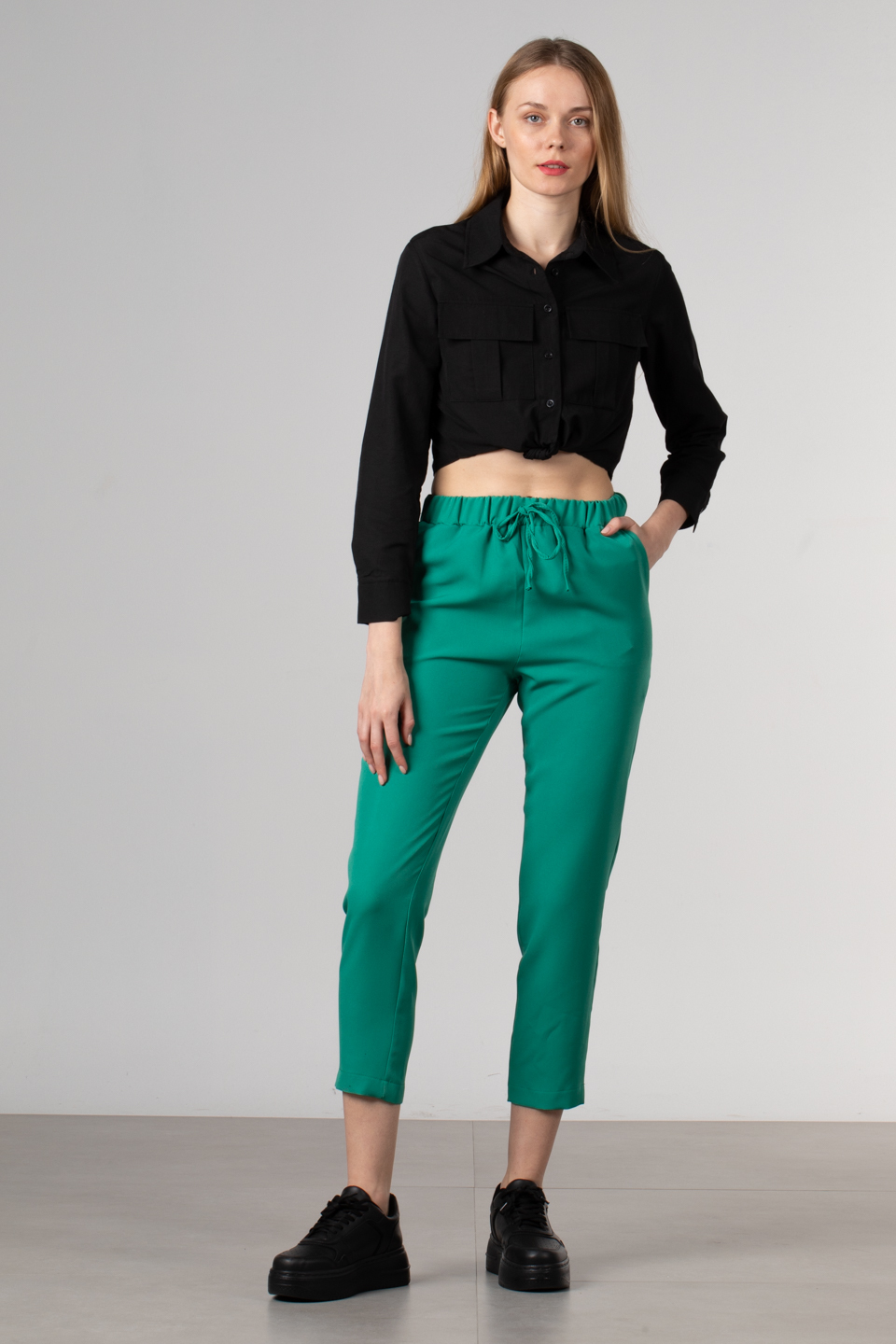 Bel lastikli bağcık detaylı pantolon-2299 Yeşil