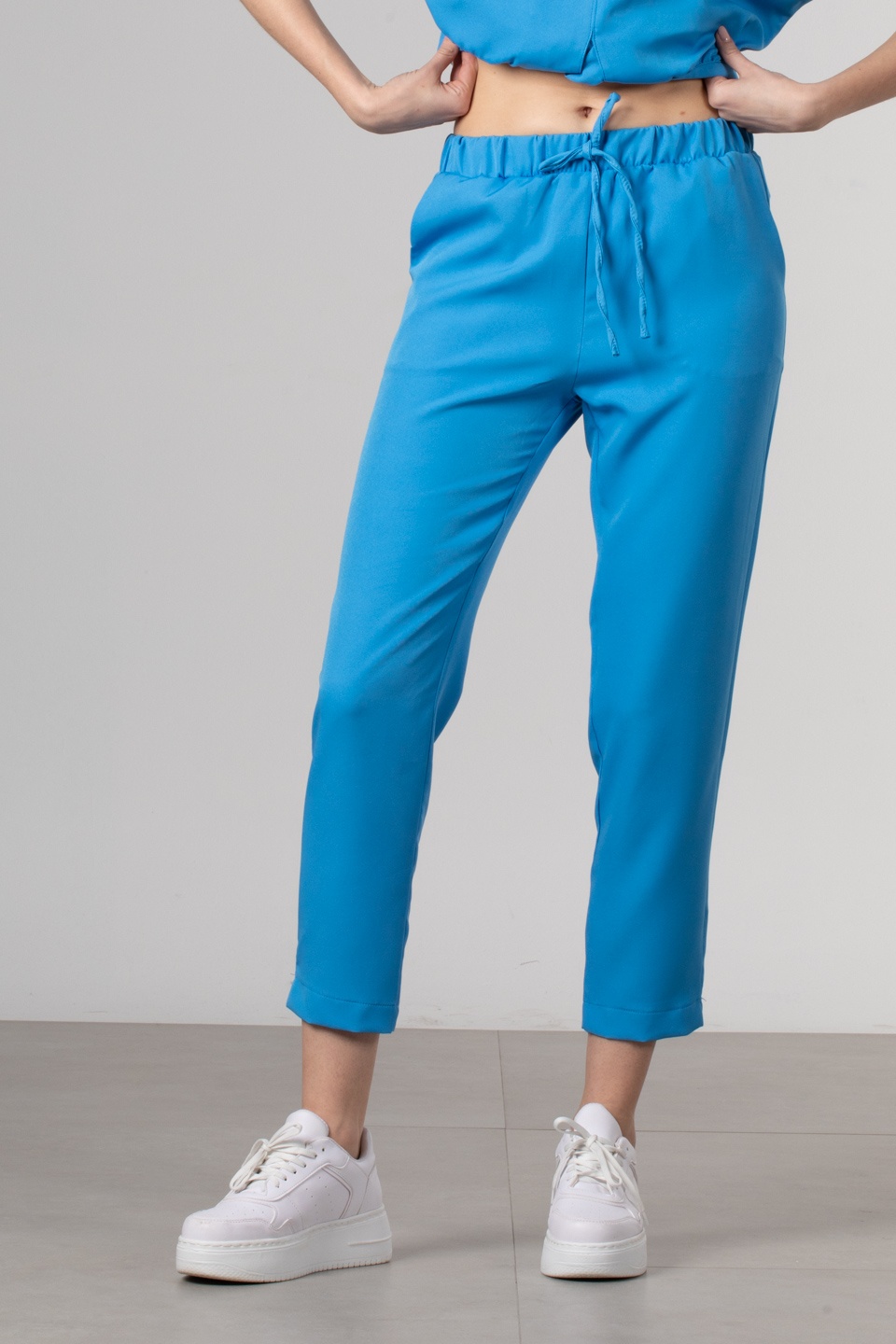 Bel lastikli bağcık detaylı pantolon-2299 Mavi