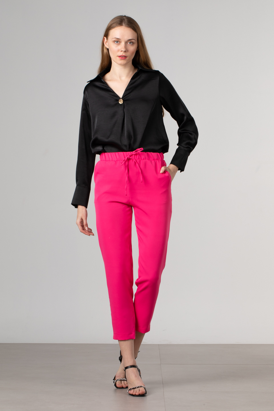Bel lastikli bağcık detaylı pantolon-2299 Fuşya