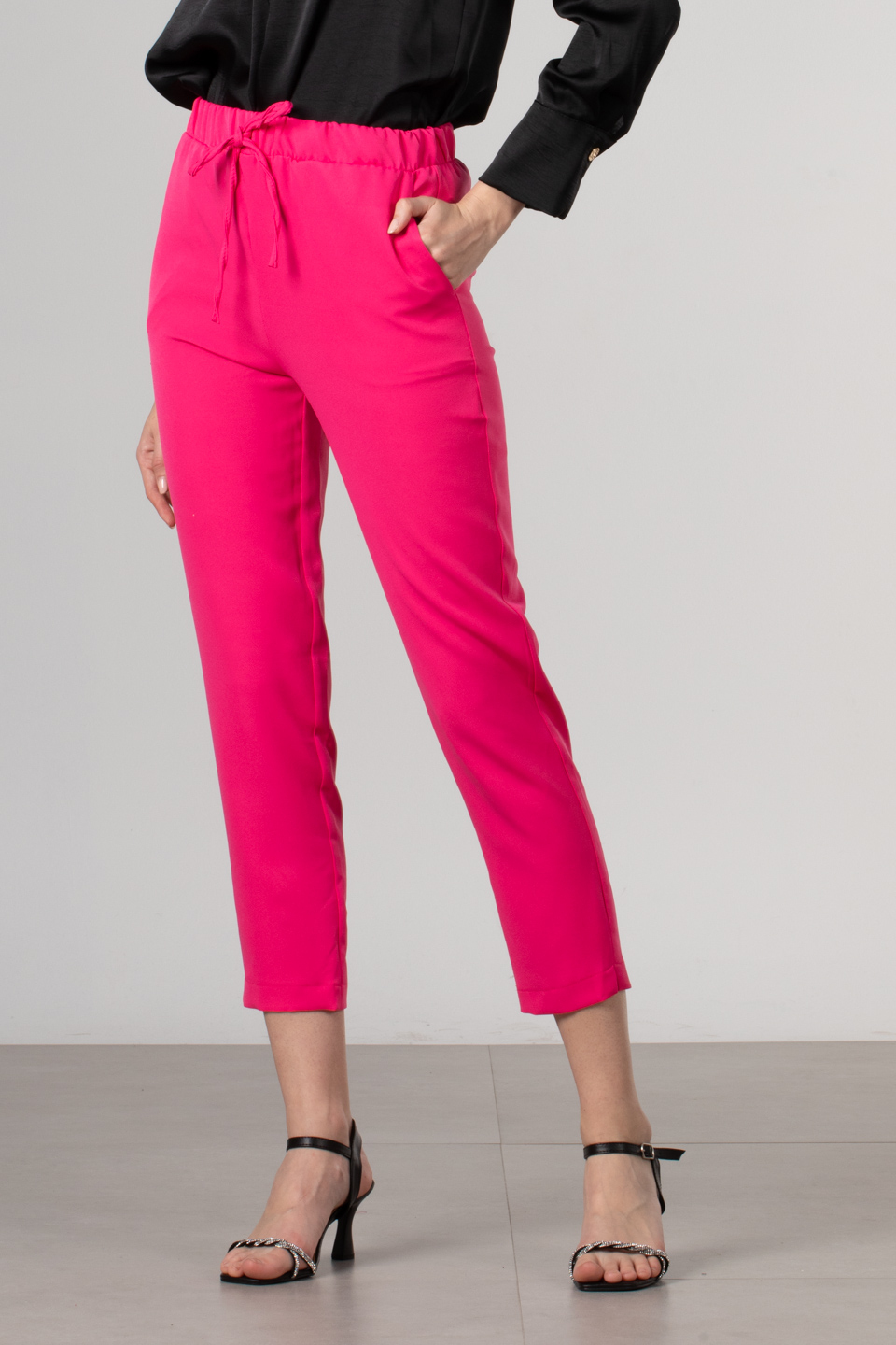 Bel lastikli bağcık detaylı pantolon-2299 Fuşya