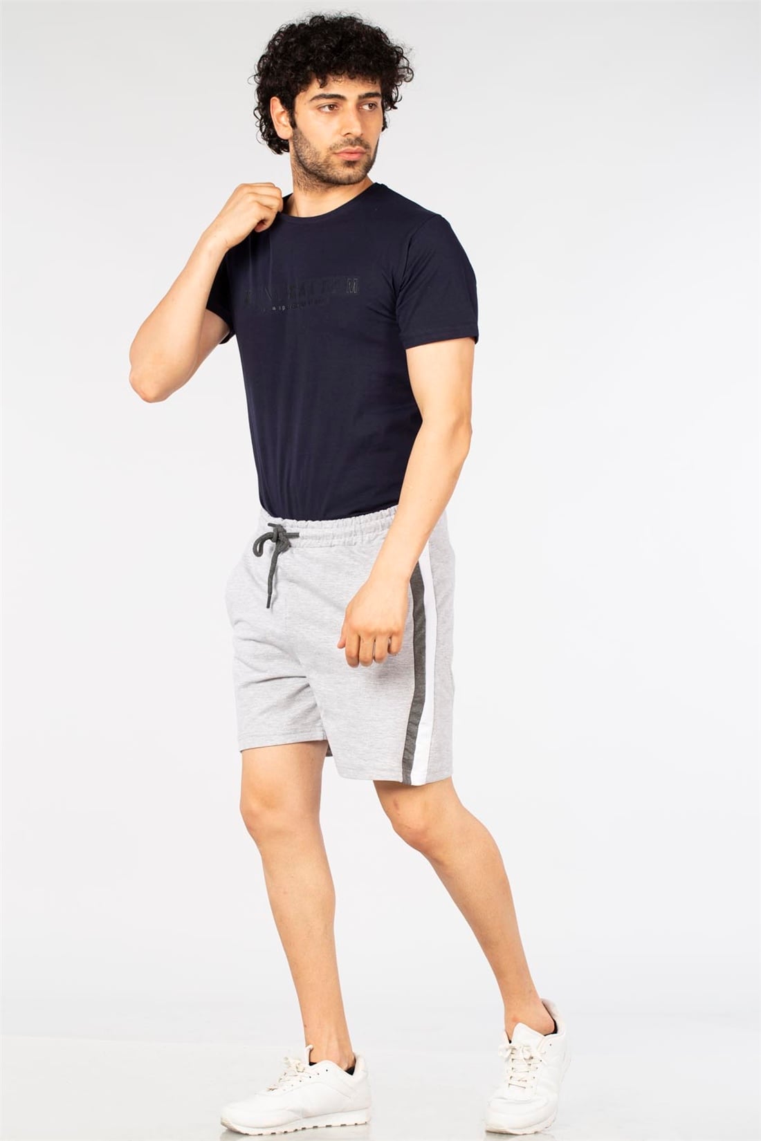 Bel Lastikli Yanları Garnili Şort-Gri