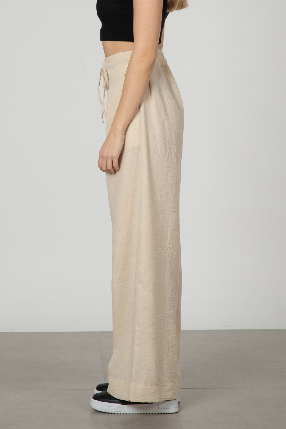 Belden bağlamalı bol paça pantolon-90707 Taş
