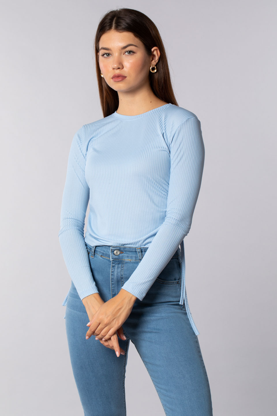 Belden bağlamalı uzun kollu body-7363 Mavi