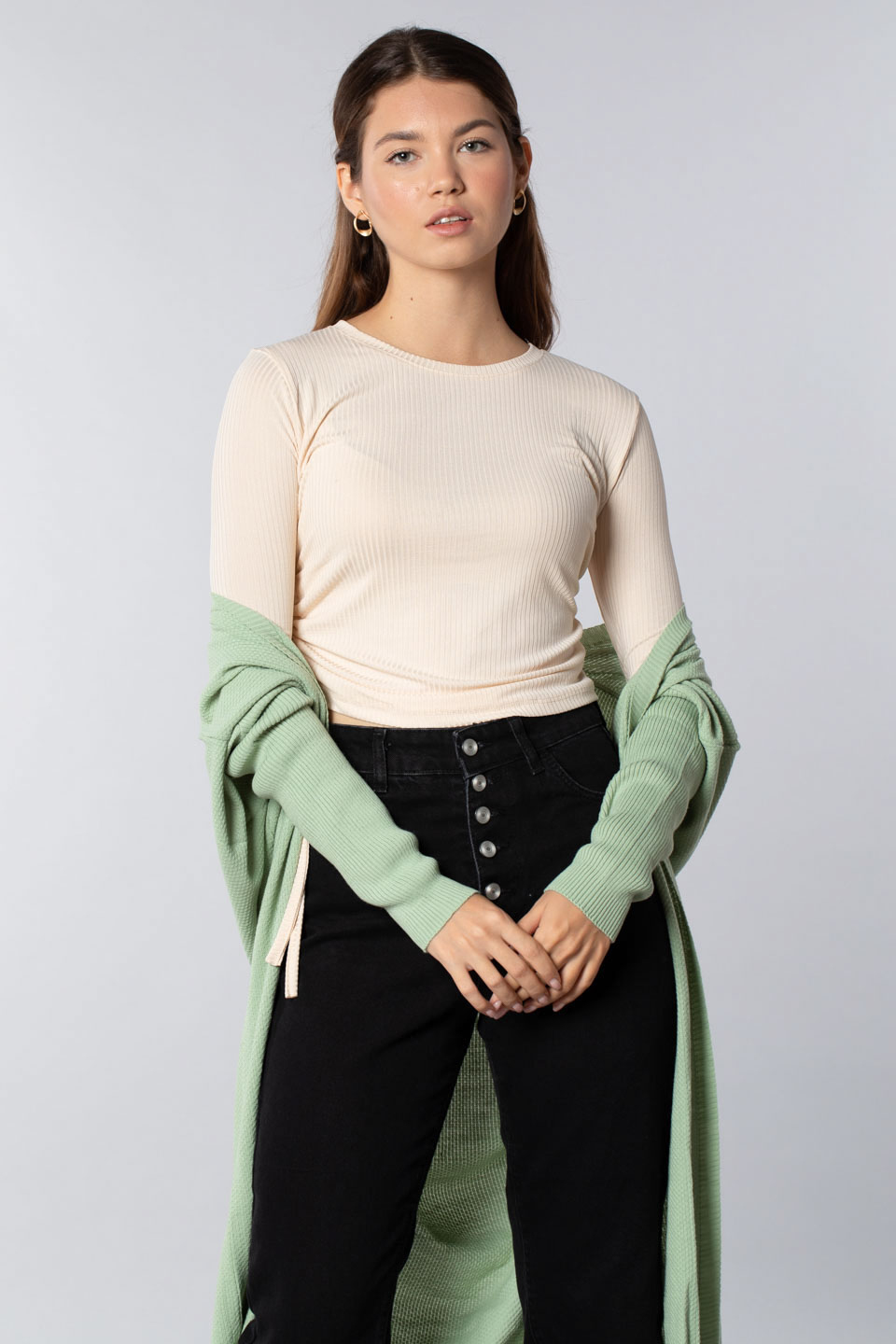 Belden bağlamalı uzun kollu body-7363 Taş