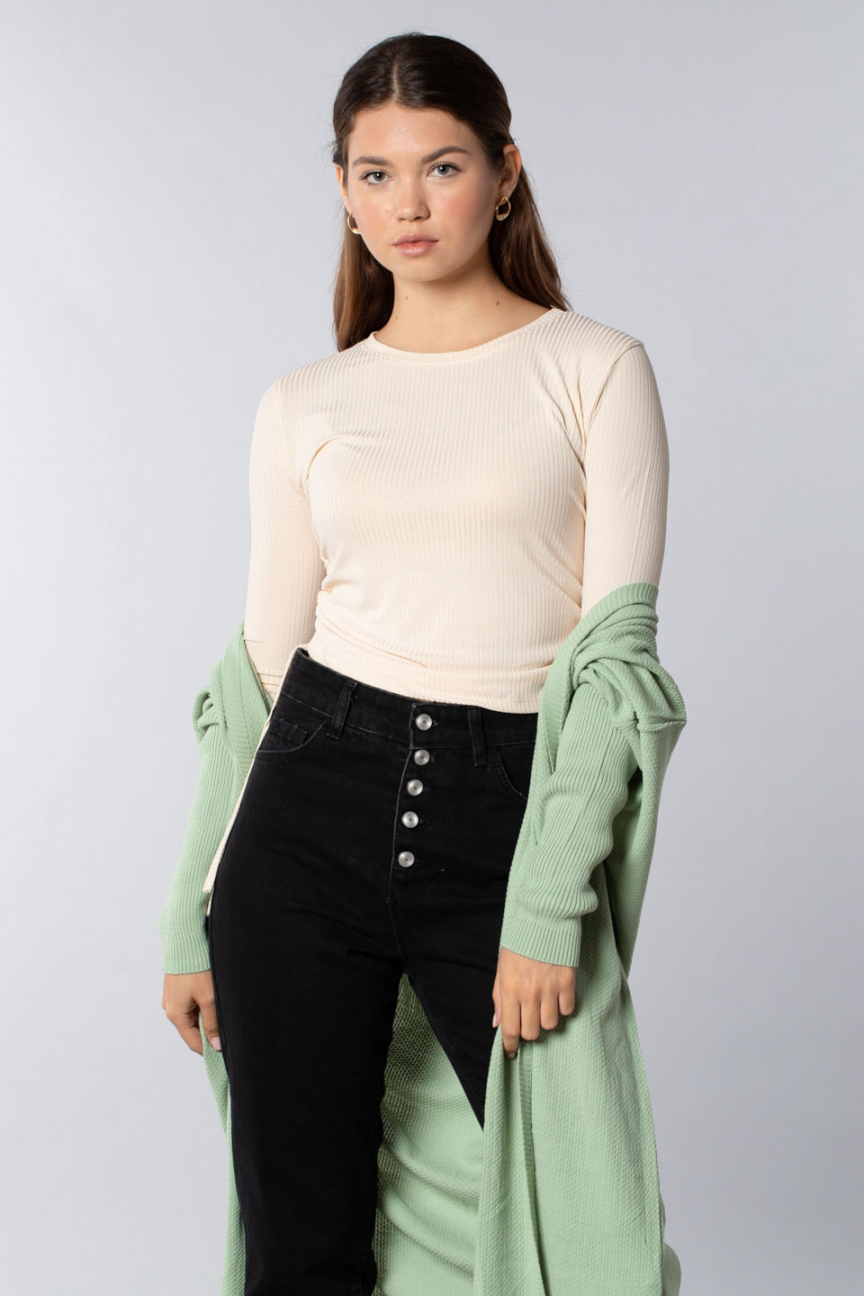 Belden bağlamalı uzun kollu body-7363 Taş