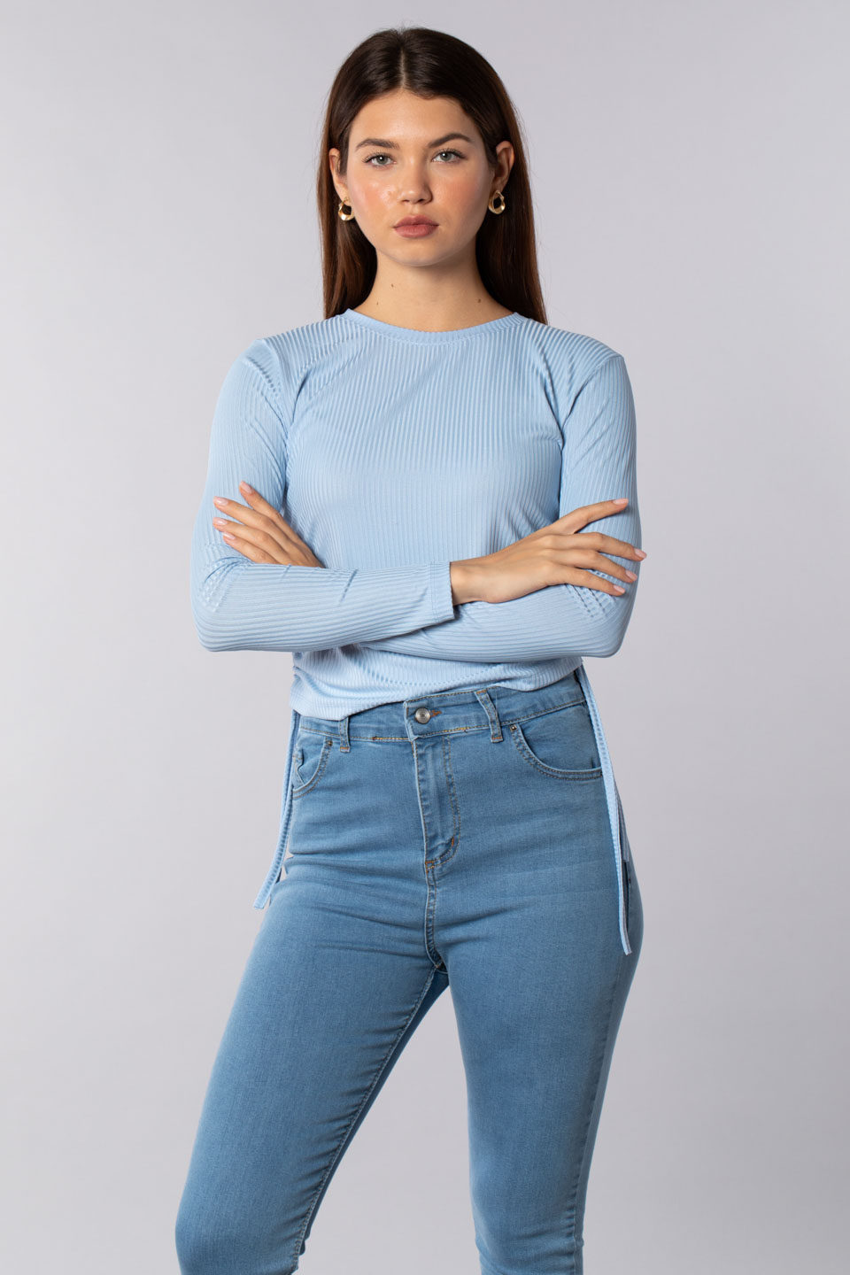 Belden bağlamalı uzun kollu body-7363 Mavi