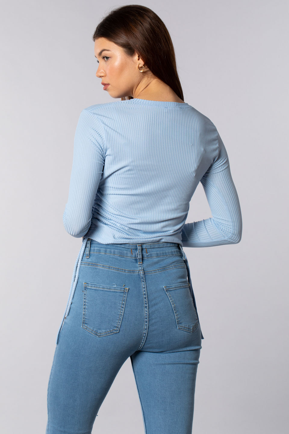Belden bağlamalı uzun kollu body-7363 Mavi